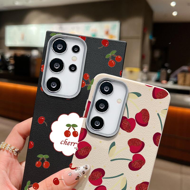 Cherry Pattern Soft Tpu Case for Samsung S25 S24 Fe S23 Ultra S22 S21 A16 A15 A55 A56 A35 A36 A25 Shockproof Slim Leather Texture Case Cover