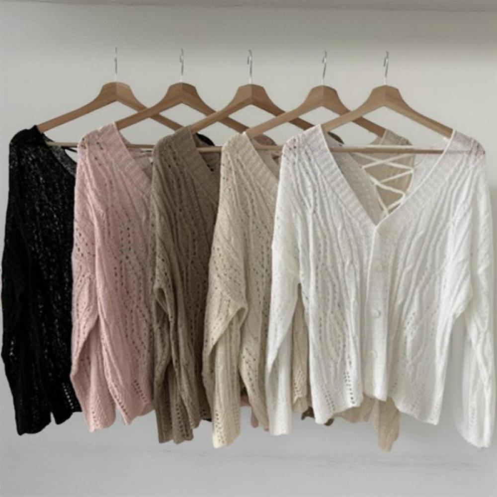 New Arrivals Open Run Women Scalloped Cable Cardigan Ribbon Decoration Lace Up