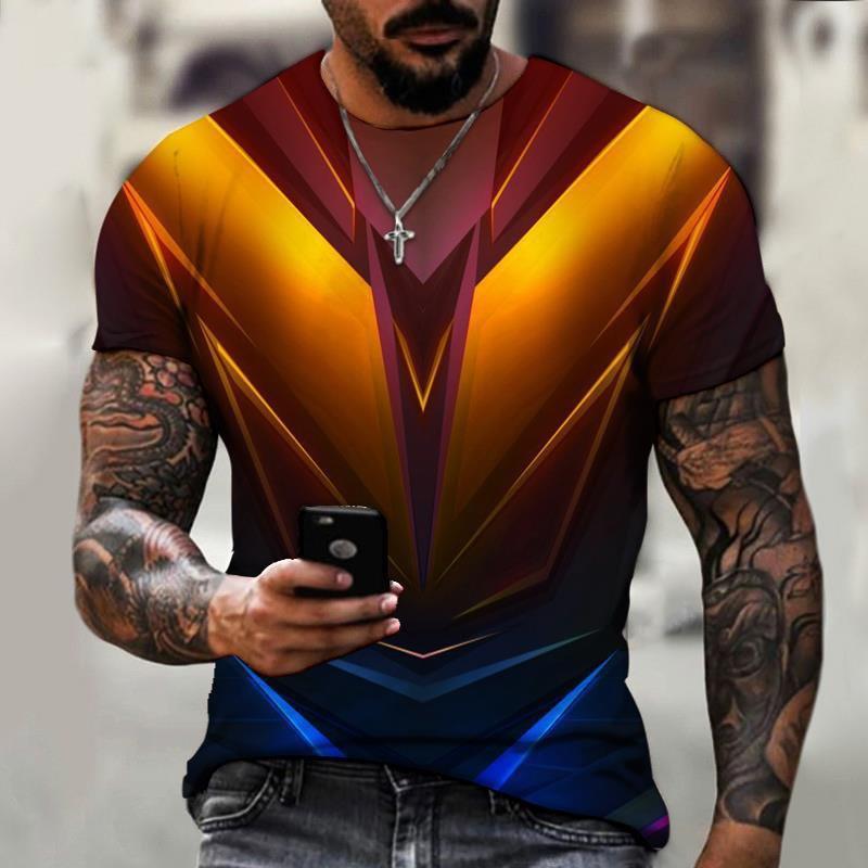 New 3D Splicing Men's Summer Short Sleeved Round Neck Pullover Plus Size Top Casual and Personalized Holiday Polyester T-shirt