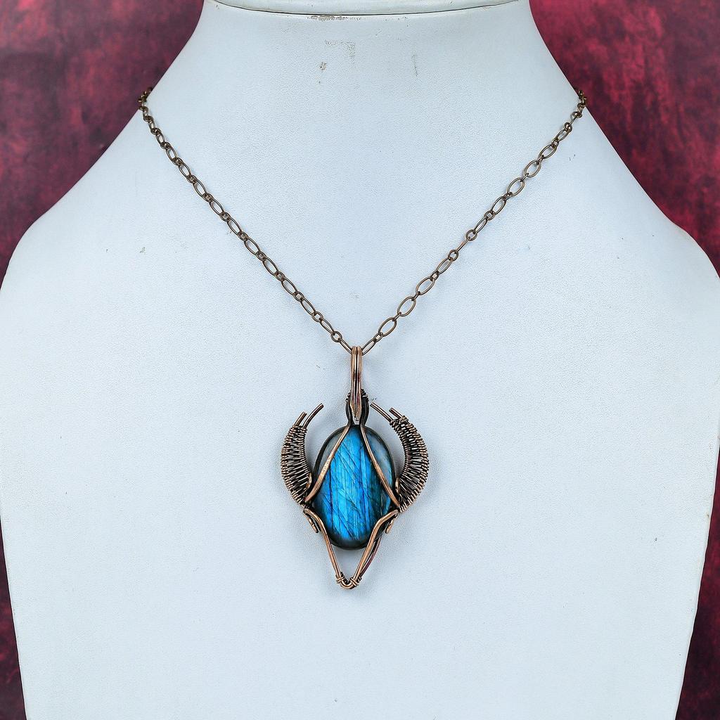 Labradorite Pendant Copper Wire Wrapped Gemstone Pendant Copper Jewelry Handmade Pendant Bull Face Shape Pendant Wire Wrap Jewelry for Gifts