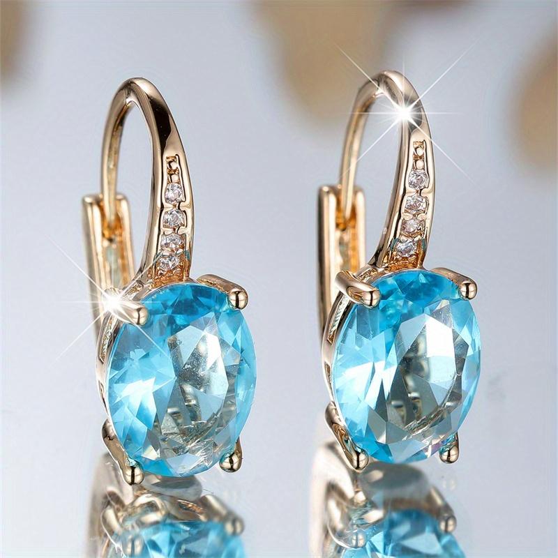 Fashion Golden Color Oval Cut Aqua Blue Stone Drop Earrings Valentine's Day Jewelry