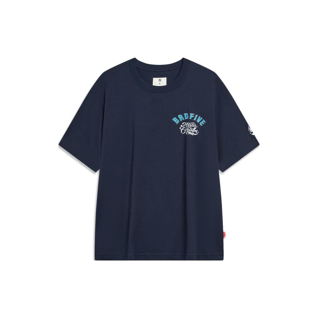 Li Ning X Mister Cartoon Collaboration Badfive Letter Print Loose Short Sleeve T-Shirt Unisex Tops Deep-Navy-Blue AHST973-3