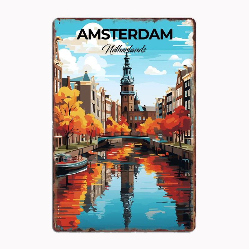 

Красивый Амстердам Нидерланды Туристический Постер Ретро Металлическая Табличка Настенная Роспись Тарелки Клуб Жесть Домашний Декор Украшение Комнаты Настенный Декор 20x30cm（7.8x11.8inch）
