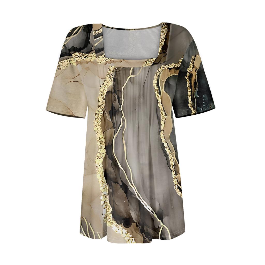 Tricouri pentru femei, plisate, cu guler pătrat, elegante, casual, bluze, imprimare, mânecă scurtă, vară, topuri, croială lejeră