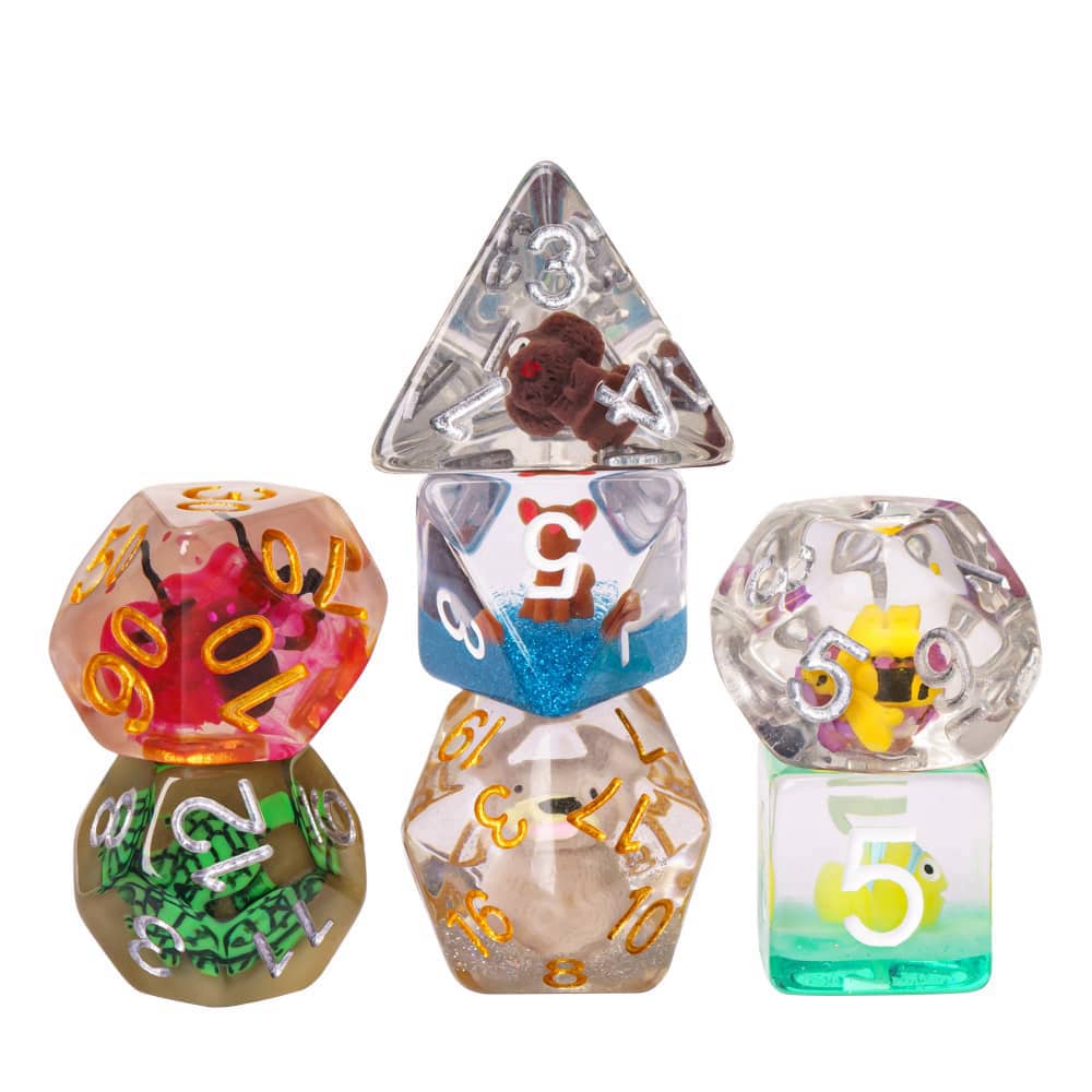 Cusdie Bulk Animal DND Dice 7Pcs Random Color D4 D6 D8 D10 D% D12 D20 Polyhedral Dice Set for D&D Role Playing Table Games