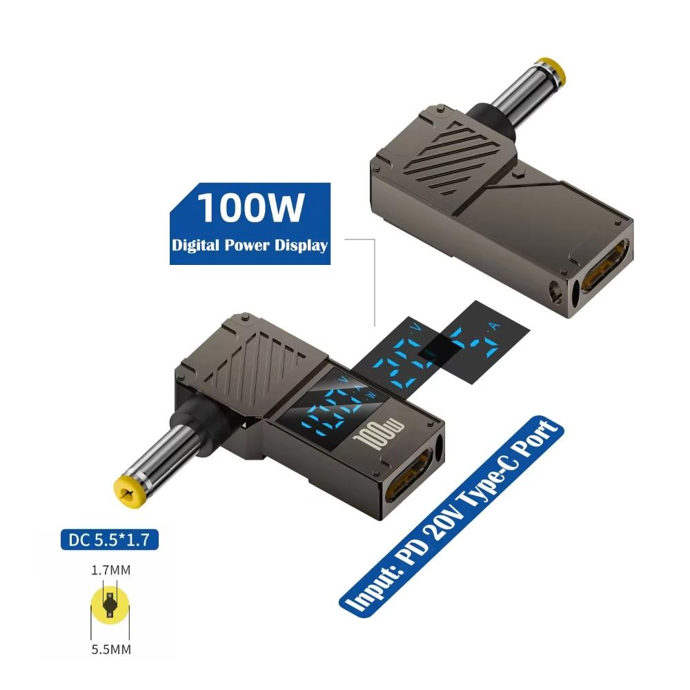 PD 100W Laptop Charging Adapter Type-C to DC 5.5x1.7mm Digital Display Fast Charging Converter