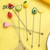 Syrup Mixing Stick Cocktail Stir Stick, Stainless Steel with Durian Pineapple Strawberry Colorful Fruit Decoration Stirrer Watermelon Rubber