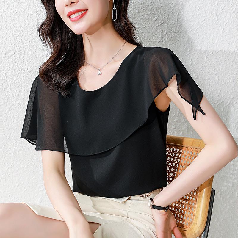 Aiyimaiyi 2023 Summer Chiffon Short-Sleeve Women's Slim Fit Belly-Covering Top
