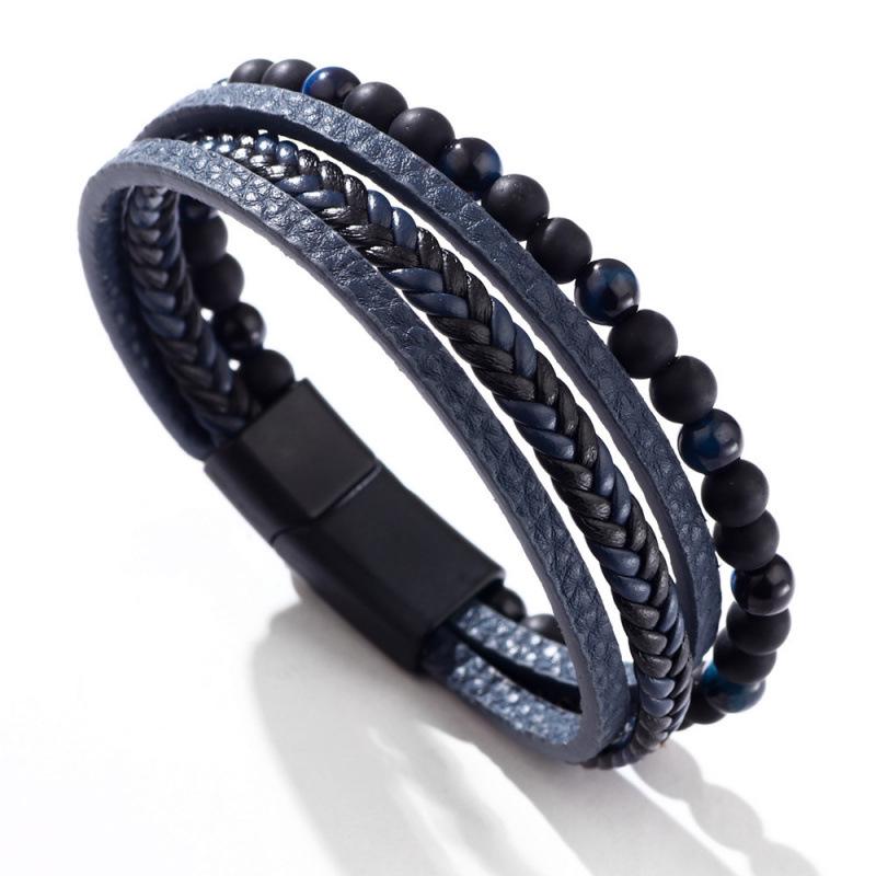 Men's Woven Tiger Eye Magnetic Buckle Bracelet - Natural Stone & PU Leather Retro Design