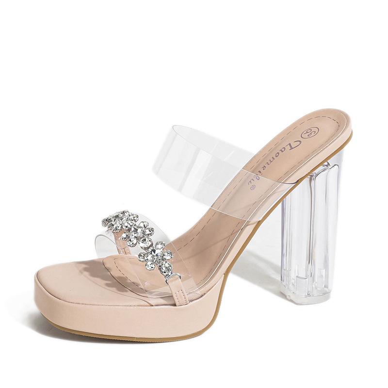 Summer One-Word With High-Heeled Slippers Waterproof Table Crystal Thick Heel Medium Heel Small Size Transparent Sandals Women
