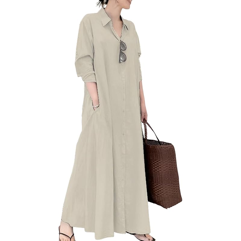 

[unifiss] shirt dress long maxi length spring long sleeve body shape cover Dress thin Beautiful simple large size shirt dress one piece dress tunic