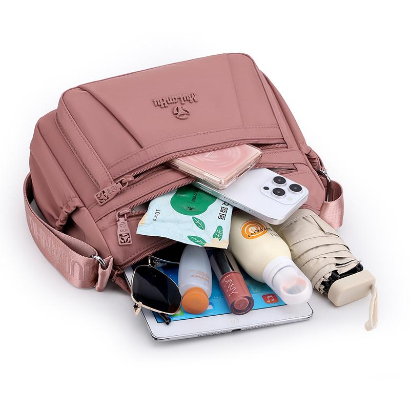Leichte Nylon-Crossbody-Tasche mit mehreren Reißverschlussfächern, verstellbarer breiter Riemen, lässige Umhängetasche für Damen für den täglichen Gebrauch