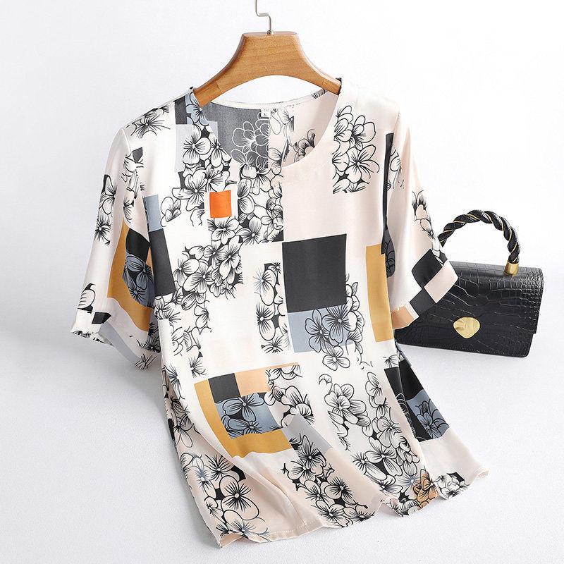 

Футболка из искусственного шелка, летняя, с принтом ледяного шелка, для мам, модная, большого размера, базовая рубашка для женщин 3XL чёрный