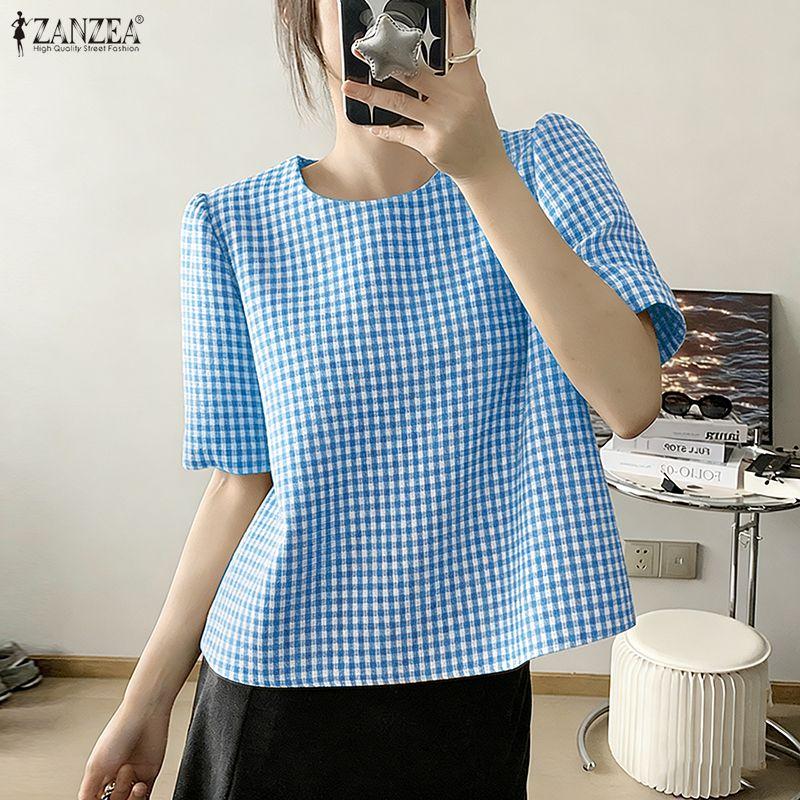 ZANZEA Women Casual Round Neck Grid Print Summer Short Sleeve Blouse