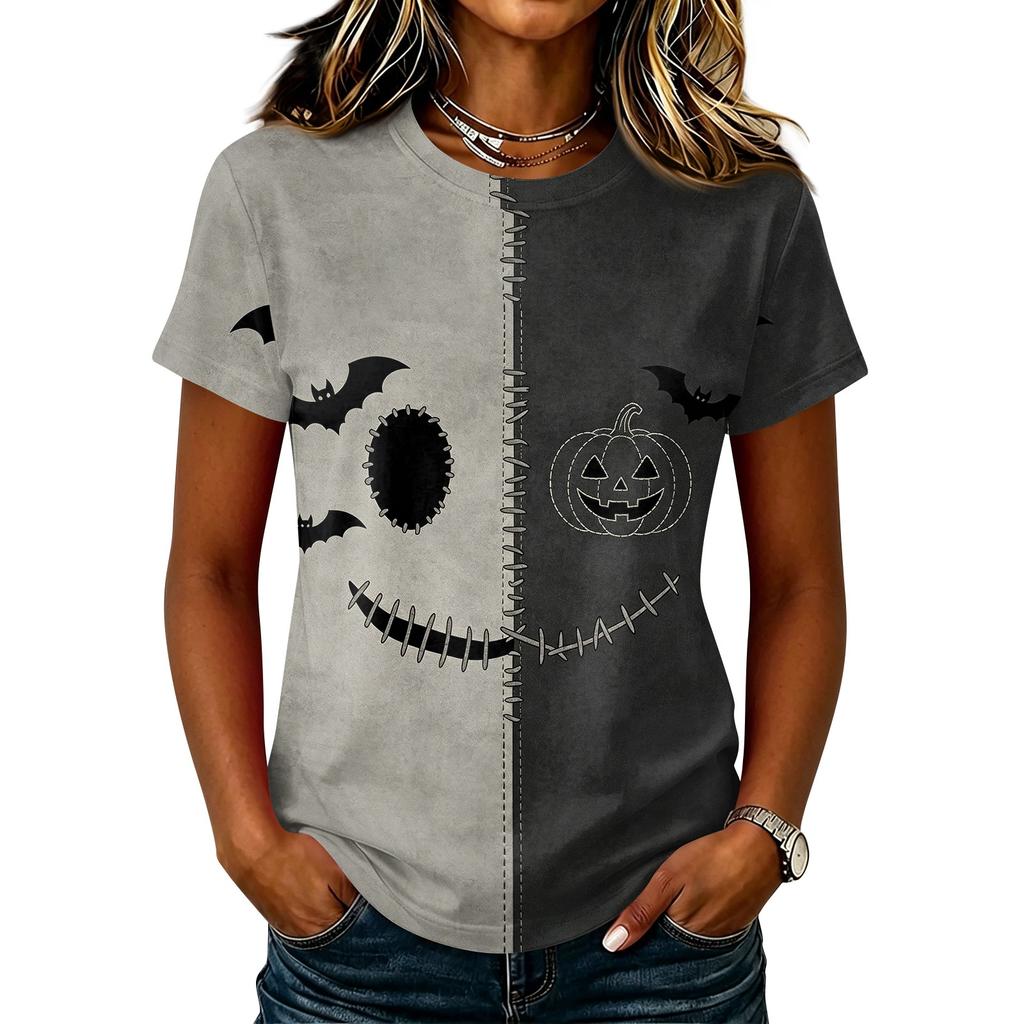 Women Casual Short Sleeve Pullover T Shirt Halloween Print Top Crew Neck Stitch Design Lightweight Soft Fabric Relaxed Fit