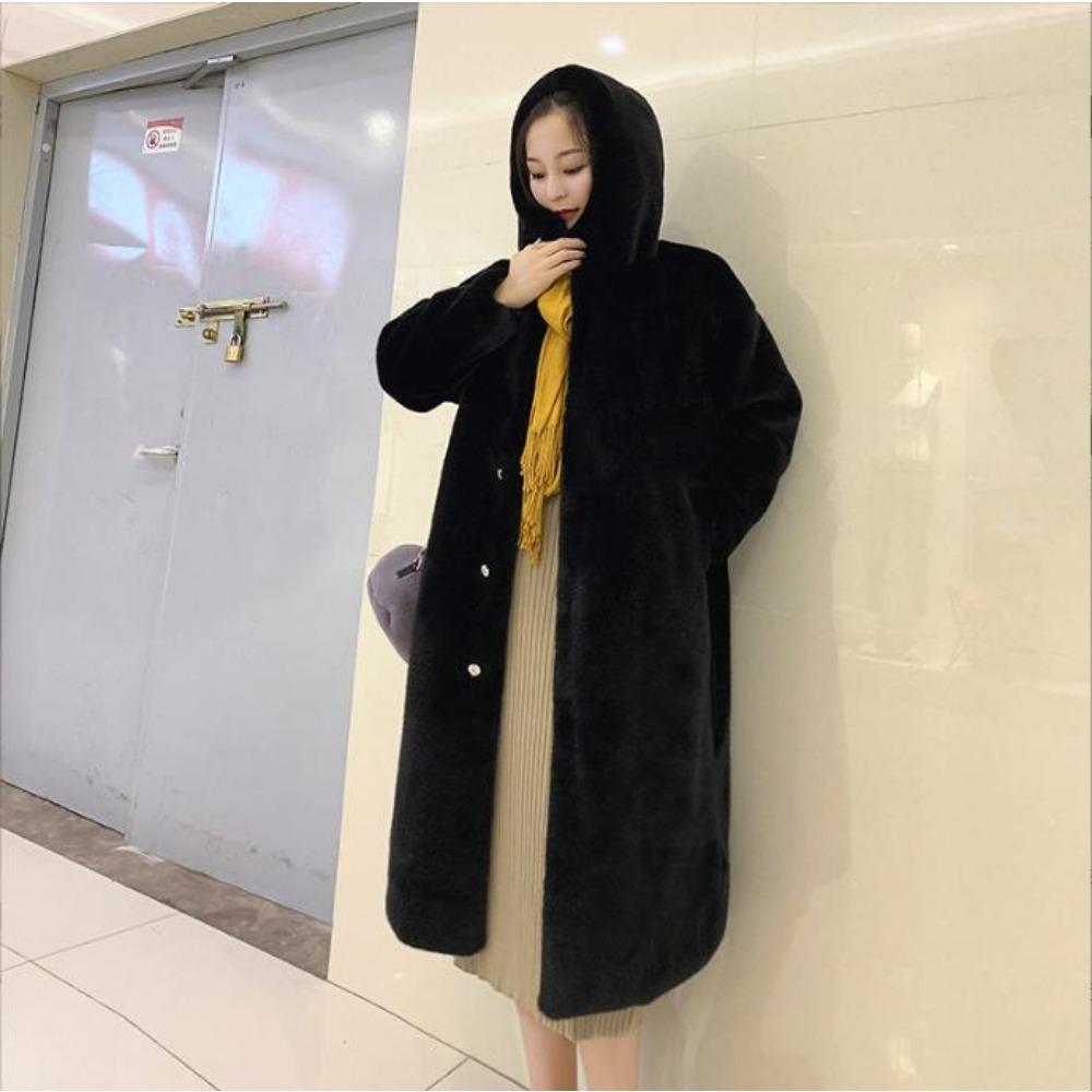 Women's Winter Mink Fur Plush Thick Plush Loose Hooded Jacket Thickened Fur Loose Coat XS-2XL