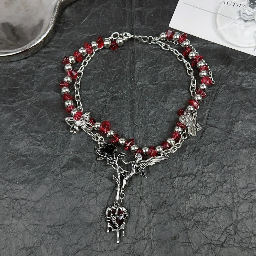 Angle Gothic Multilayer Necklace Rose Flower Clavicle Chain Choker Crystal Beads Necklace  Party