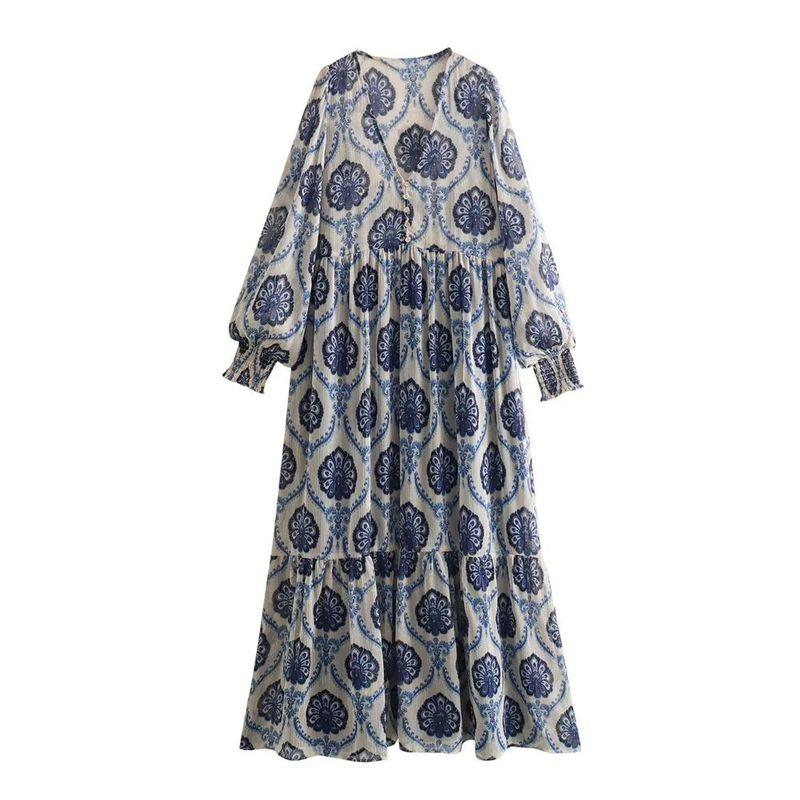 

Long Sleeved V-neck Geometric Print Dressv Collar Geometric Print Dress Female Multicolor XS