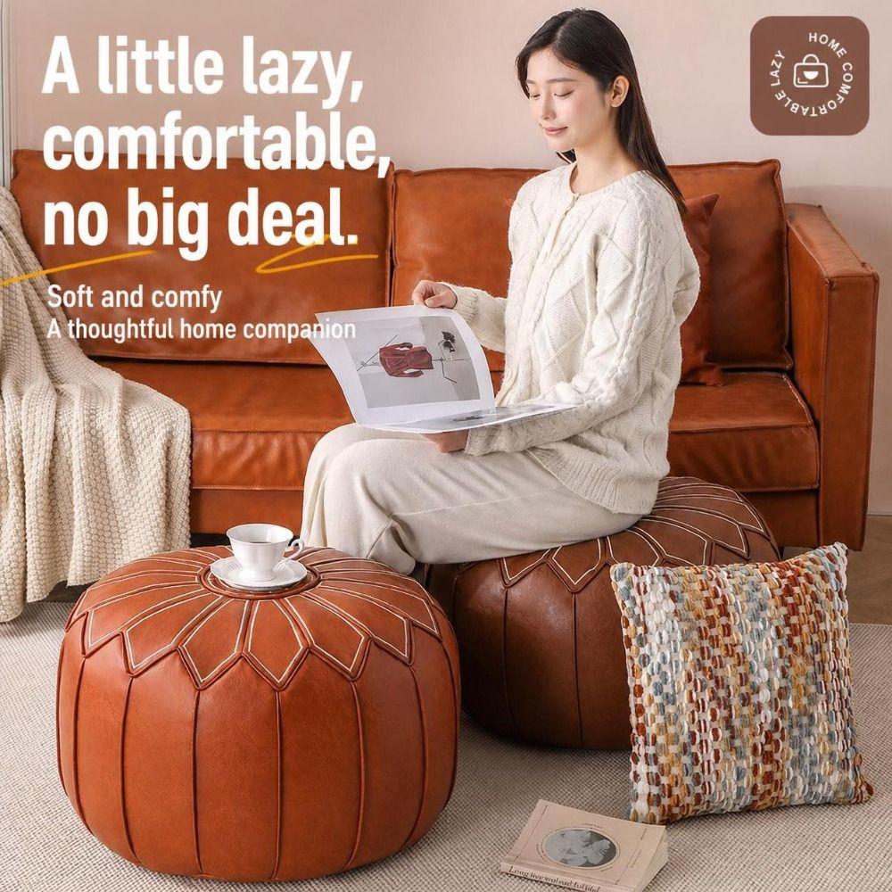 PU Leather Fillable Ottoman Pouf Round Shape Round Pouf Cover New Storage Ottoman Living Room