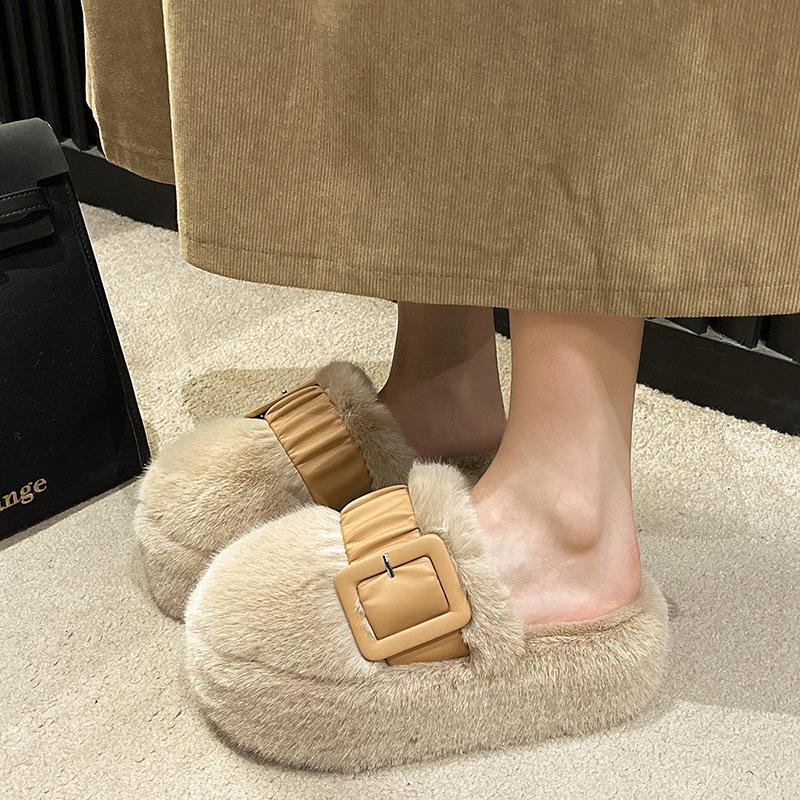 Internet Celebrity Thick-bottomed Bag Head Mink Hair Slippers Women's Wear 2025 Autumn and Winter New Heightening Piled Warm Cotton Slippers