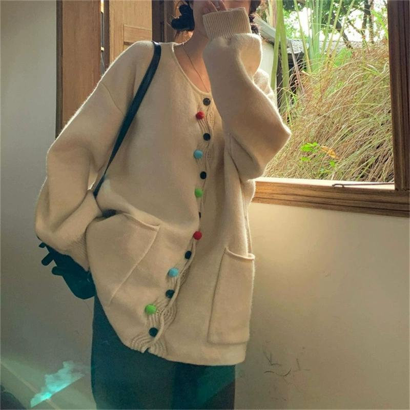 Large Color Wool Ball Knitted Cardigan for Women In Autumn and Winter, Retro Loose and Slimming Design, Sweater Jacket