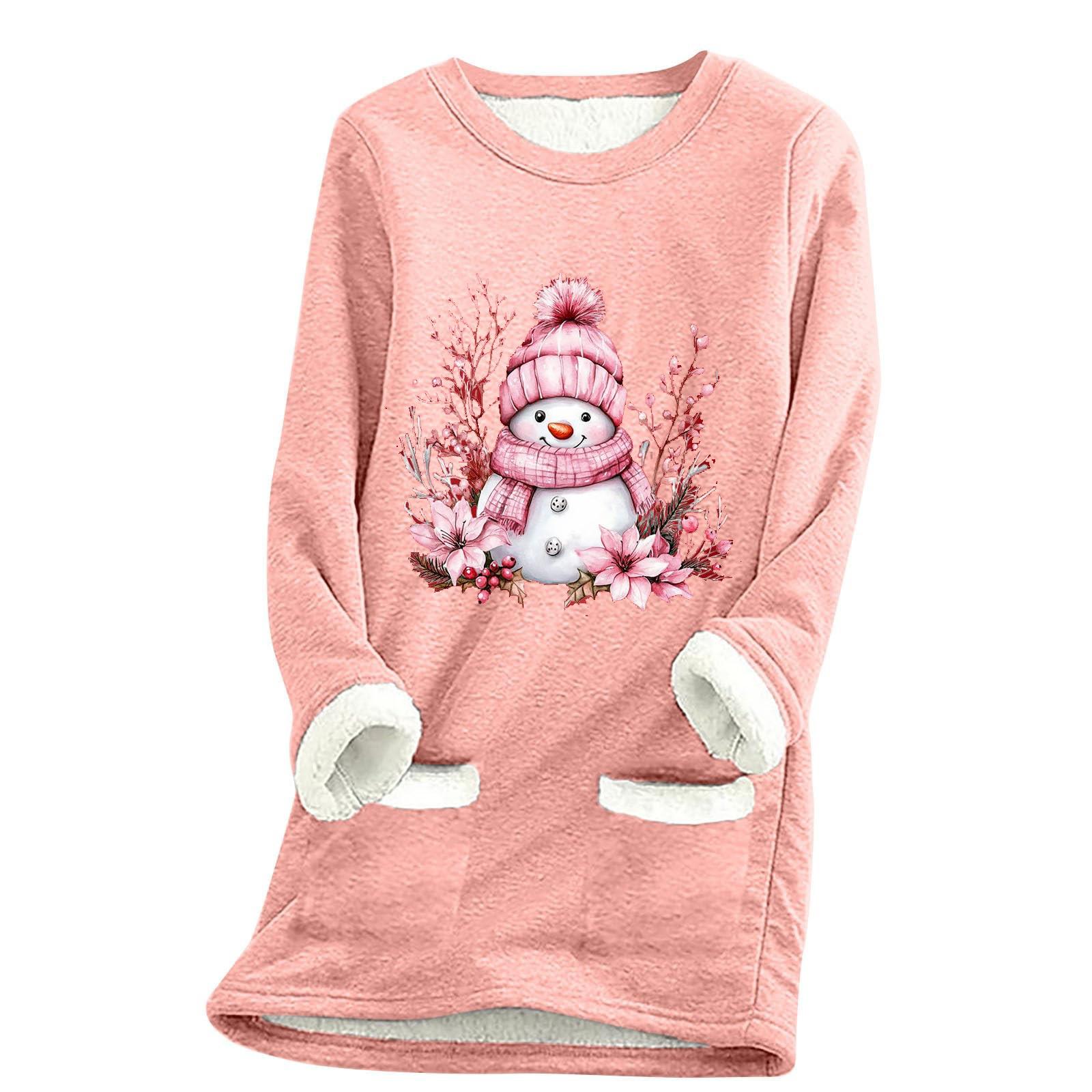 

Женский свободный и удобный топ с круглым вырезом, рождественским принтом, плотный, с карманами, с длинными рукавами L розовый