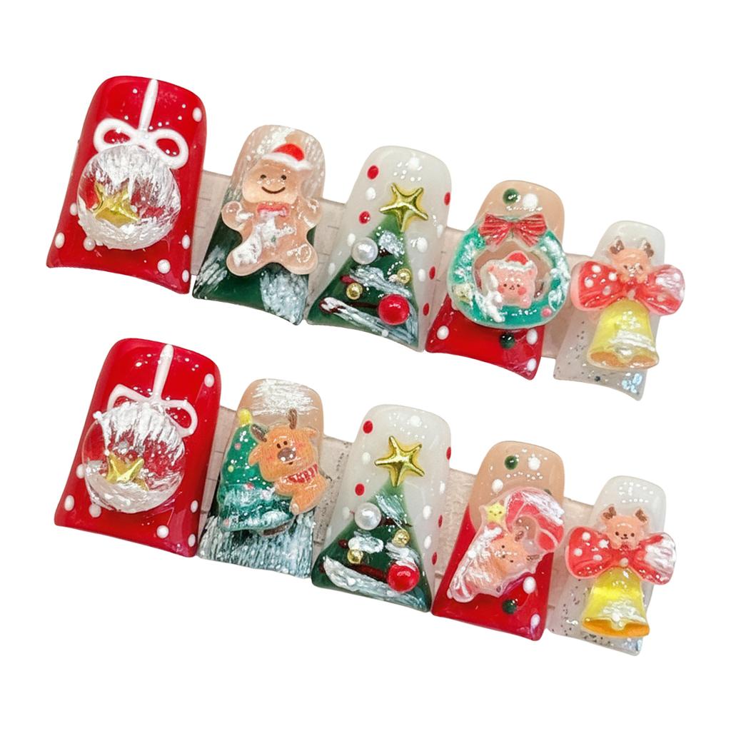 10PCS Christmas Artificial Nails with Duckbill Design Holiday Theme Press On Nails for Women Girls Festive Party Nail Art Decoration