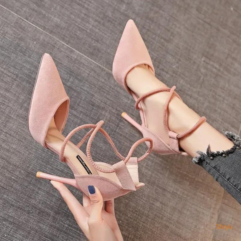 New Cross-strap Roman Sandals Suede High Heels Women's Shoes One-line Buckle Fine Heel Pointed Sandals Zaptos Mujer