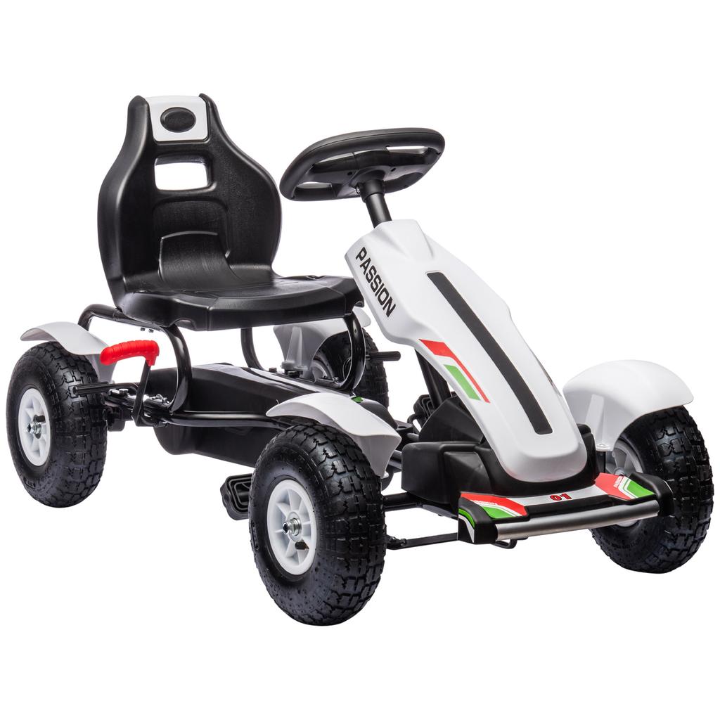 Go-Kart Pedal Car with Hand Brake, Adjustable Seat, Forward and Reverse Gear, up to 50kg for Children 5-12 Years, White