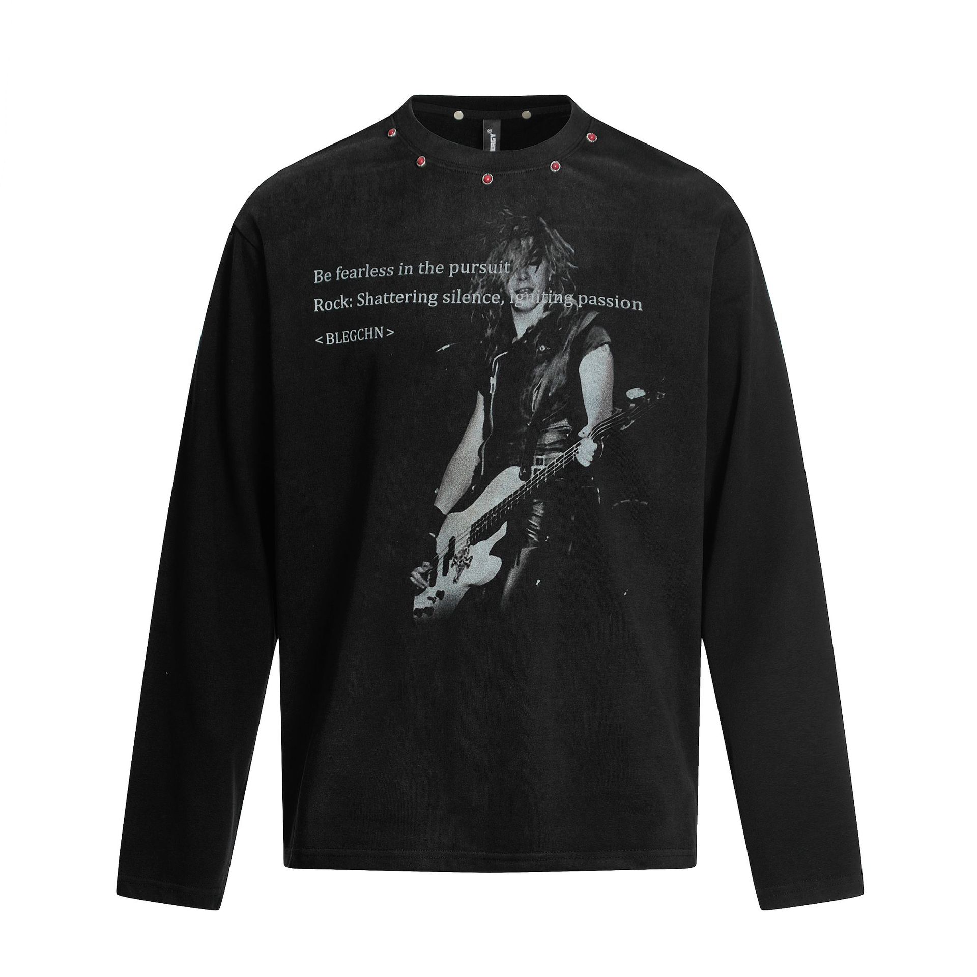 New American retro rock trendy brand rivet design street hip hop T-shirt long sleeves loose S чёрный
