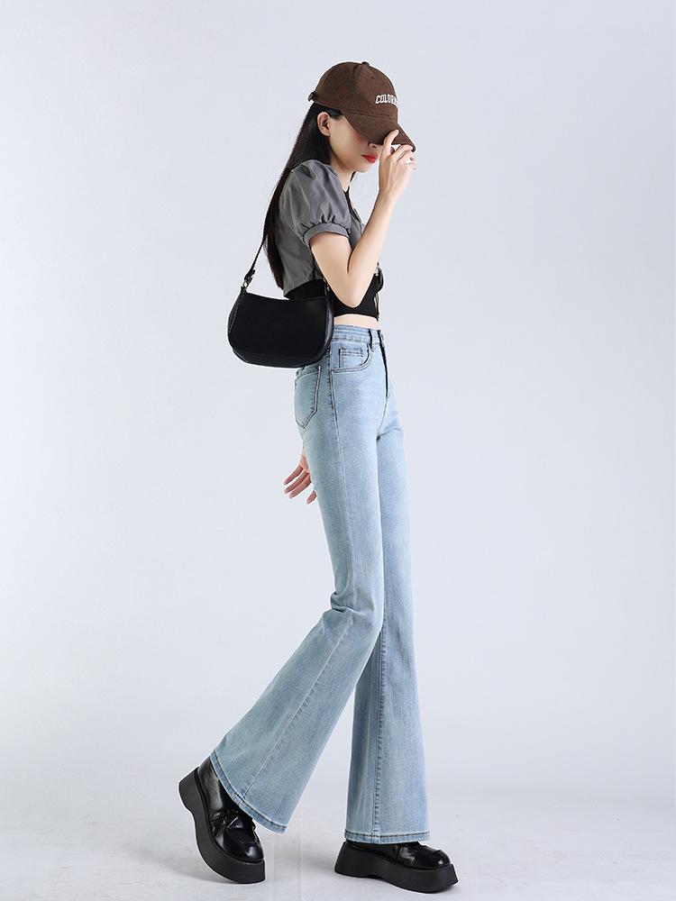 Women's High-Waisted Light Blue Micro-Flared Jeans - 2024 Spring/Autumn Versatile Long Pants.
