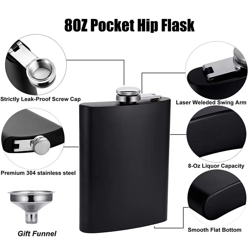 Camping Hip Flask 6 7 8oz Stainless Steel Black Hip Flask Set Leakproof Hip Flask with Funnel Alcohol Drinking Flask JT470