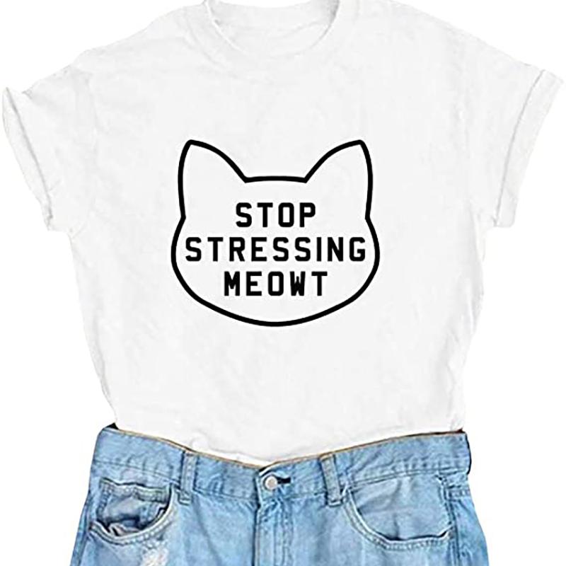 

2025 Women Floral Fashion Cat Head Print Tshirts Ladies Clothes T-Shirt XXXL білий