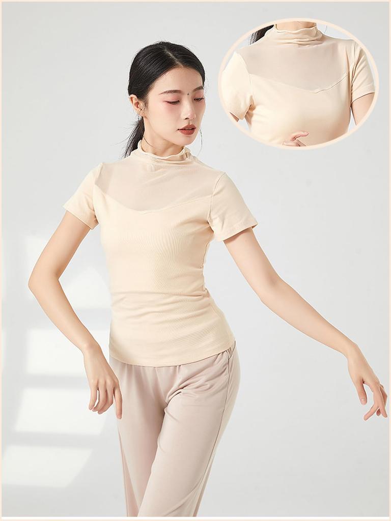 Yuoku Short Sleeve Ballet Dance Mesh Sheer High Neck Practice Classical Ballroom Elegant Dance Costume Women's Top, Collar, T-Shirt, Blouse,