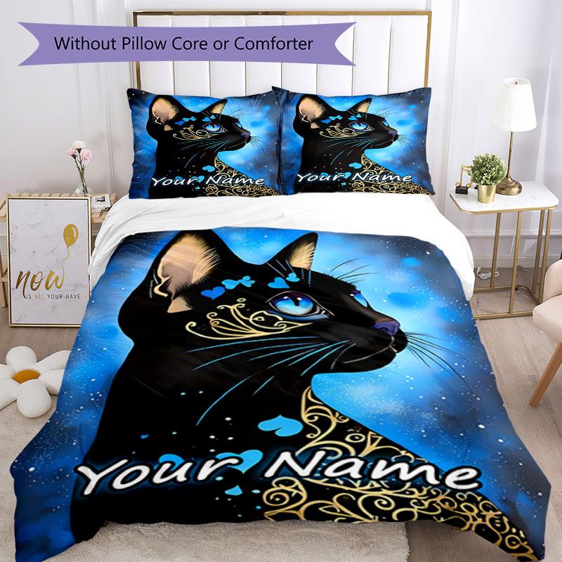3PC Custom Name Blue Cat Dreamscape Bedding Set Duvet Cover Closure Includes 1 Duvet Cover & 2 Pillowcases for Bedroom