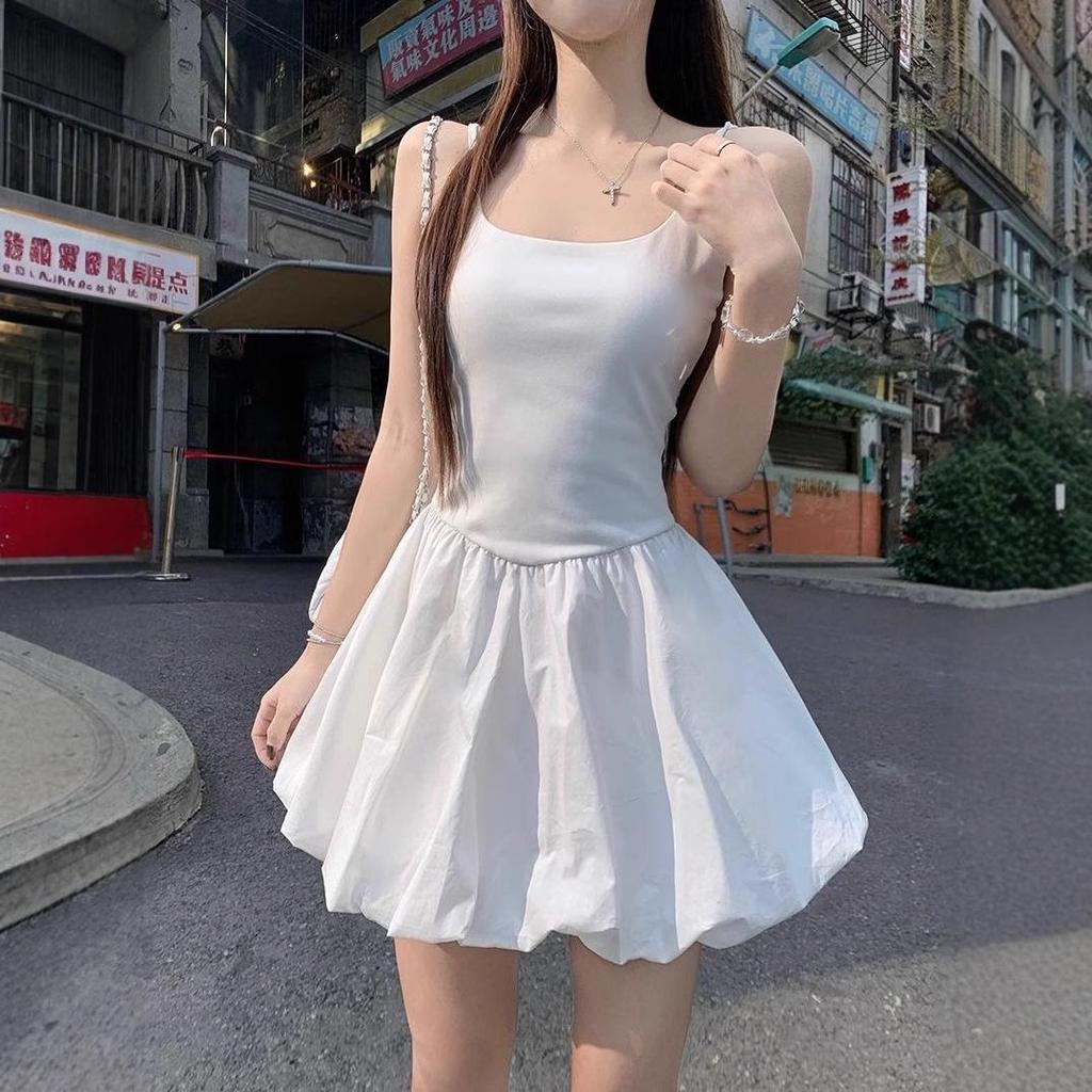 Women's Ballet-Style White Camisole Dress, Summer 2025, Waist-Cinching, Slimming Design, Bud Skirt, Short-Length.