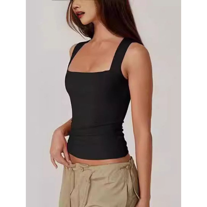 Solid Color Square Neck Sleeveless Top Solid Color Square Collar Slim Fit Sleeveless Top Female