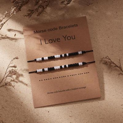 Unisex Black & White Morse Code Seed Bead Bracelet, Adjustable Woven Design