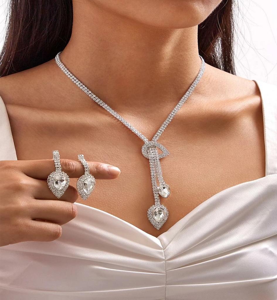 3PC Women's Fashion Water Drop Design Necklace Earrings Zircon Set Suitable for Wedding, Party, Festival Gifts-4081
