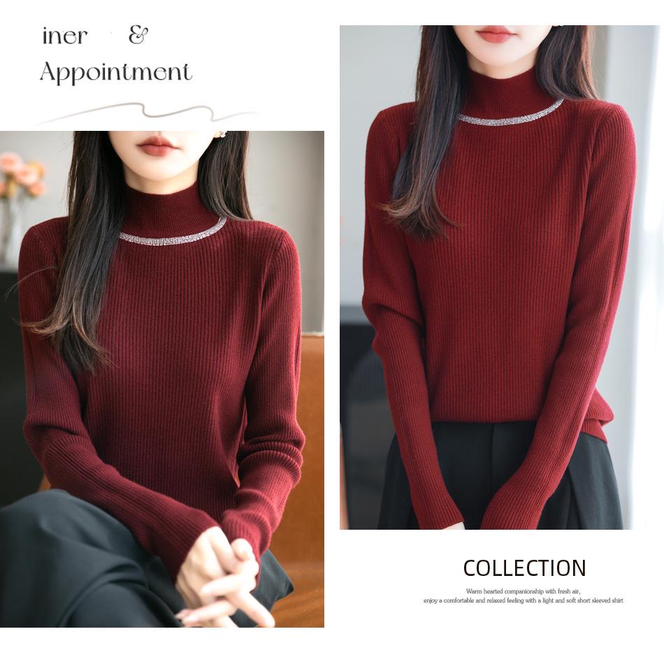 2026 Rhinestone High Neck Slim Fit Women's Knitwear Sweater - Chic Autumn Winter Base Layer