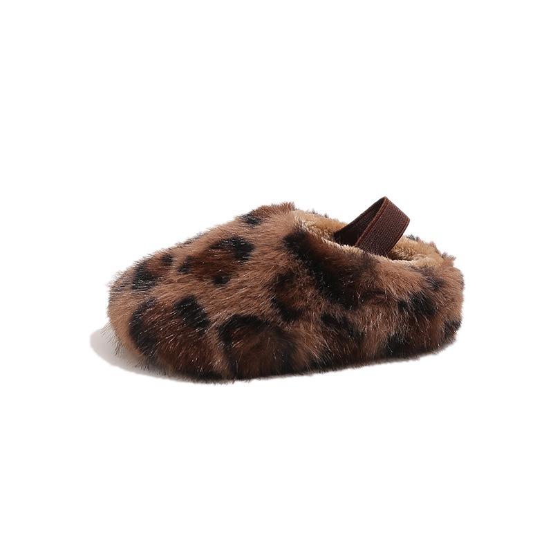 Children's cotton slippers Winter leopard print slippers Student leisure one-footed cotton tow classmate baby fluffy shoes