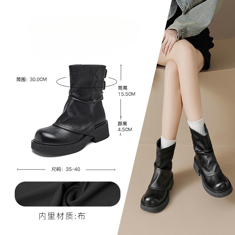 

Korean version of short Martin boots women s summer 2025 new thick-soled stacked short boots trousers western boots spring and autumn single boots 40 чёрный