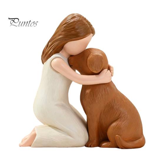 Figurina Ragazza che Abbraccia Cane in Resina Fatta a Mano, Scultura Compagno Animale Domestico Dipinta a Mano, Figurina Commemorativa Marrone Nero Ornamento da Scrivania, Ricordo