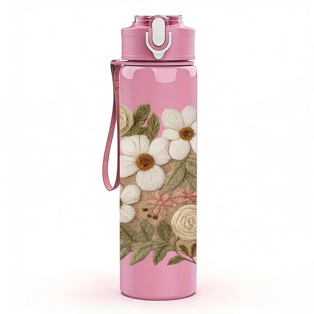 1PC Soft White Beige Wild Flower Print 750ml Color Plastic Sports Water Bottle Leakproof Flip Straw Lid Suitable for Sports Office Home Use