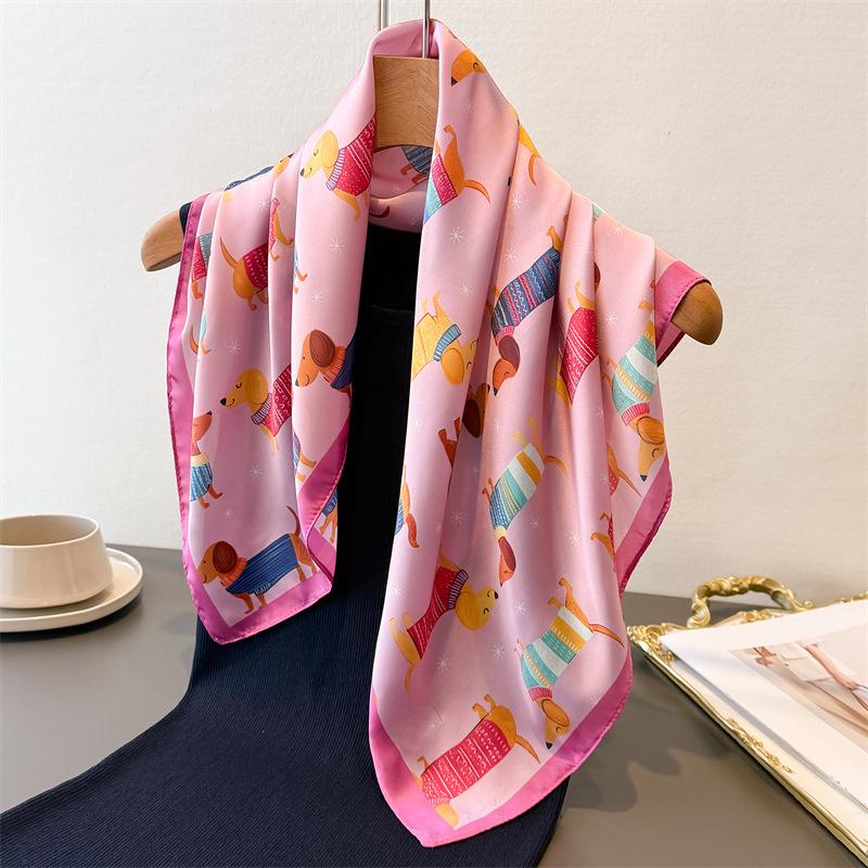 New Dachshund Print Faux Silk Small Square Scarf Shawl Versatile High-end Neck Scarf Bandana Wrap