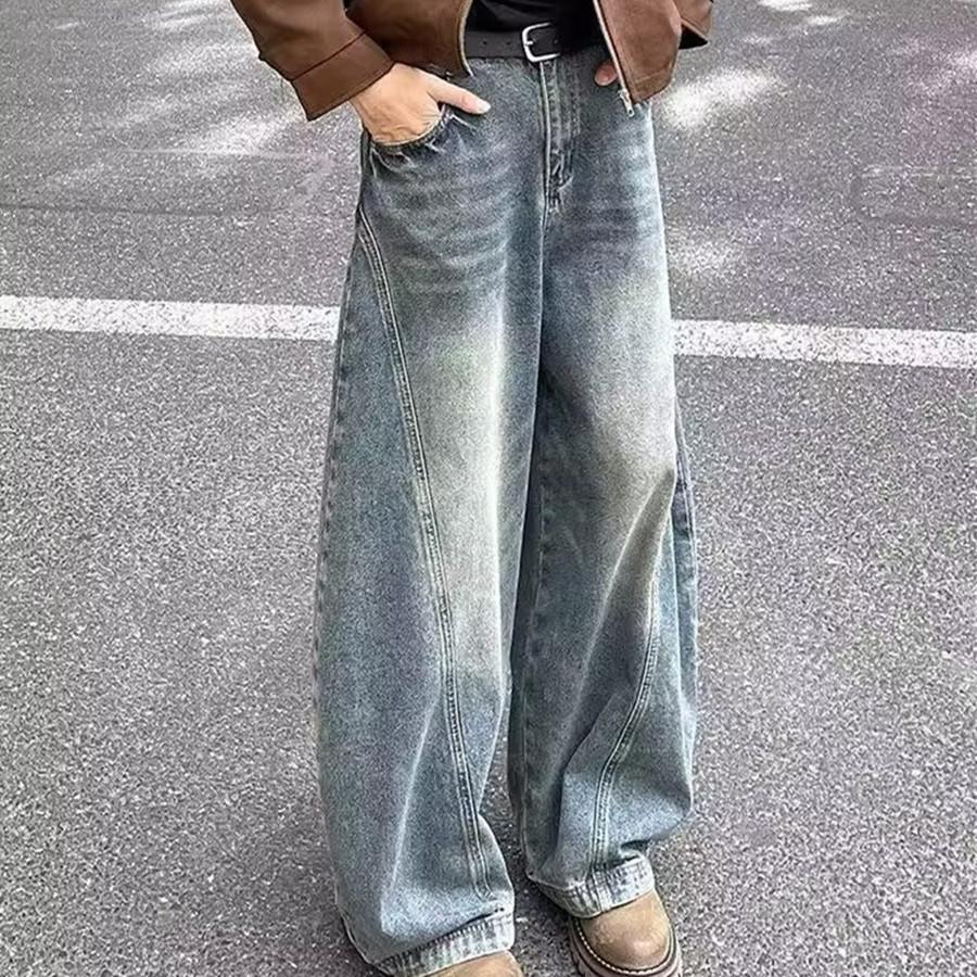 New American retro washed jeans men's autumn trendy casual pants loose straight wide-leg pants
