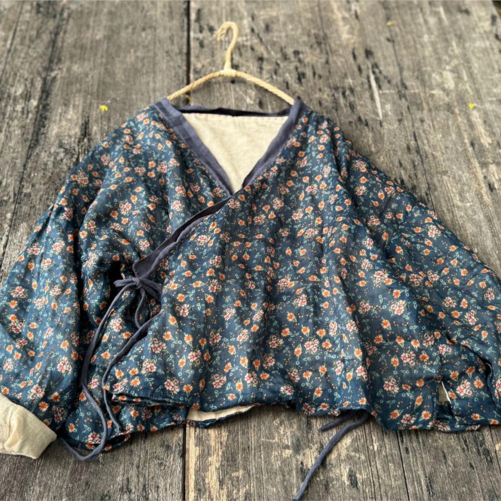 Johnature Women Vintage Print Floral Shirts Tops V-Neck Long Sleeve Blouses Spring Chinese Style Shirts