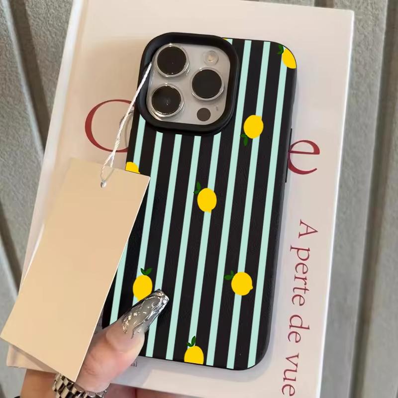 

Yellow Lemon Striped Pattern Phone Case For iPhone 17 Pro Max 16 Plus 15 Pro 14 13 12 11 XR 17Air Lychee Textur Soft Cover iPhone 15 чорний