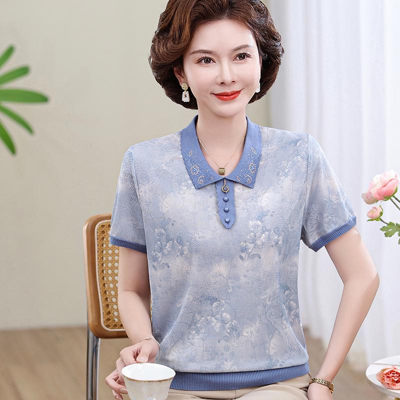Mid-aged Mom Summer Ice Silk Short-Sleeve Lapel Top - Stylish & Loose for Middle-Aged Women
