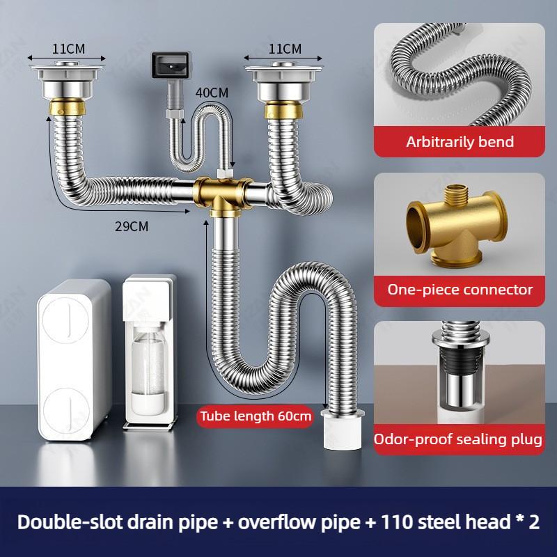 Kitchen Washbasin Drain Pipe Fittings Thickened Stainless Steel Double Sink Sink Drain Anti Odor Drain Pipe Set